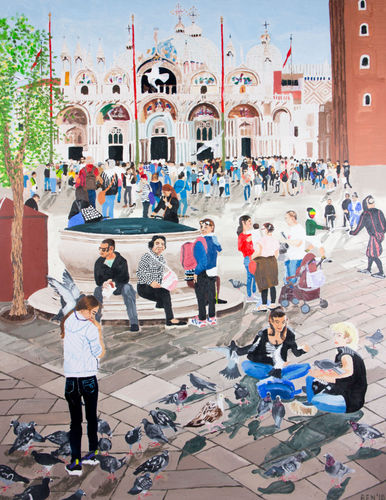 Duiven voeren op het St. Marcoplein